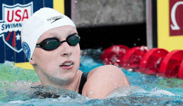 Katie Ledecky's done a 8:18 in practice…right? Nope. She said she doesn't do 800 repeats, but that 8:18 win in the 800 free did look so easy. (courtesy of Tim Binning)