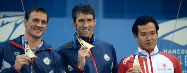 Ryan Lochte, Michael Phelps & Hirofumi Ikebata, 100 fly, 2014 Pan Pacific Championships (courtesy of Scott Davis)