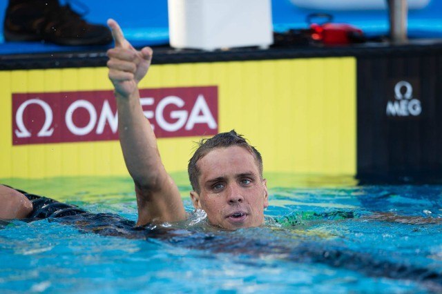 Tom Shields finally make an A-list USA Nationals Team, but not in 100 fly as he expected. He did it the hard way, suffering through a tough 200 fly…and a brutal final 50 meters. (courtesy of Tim Binning)
