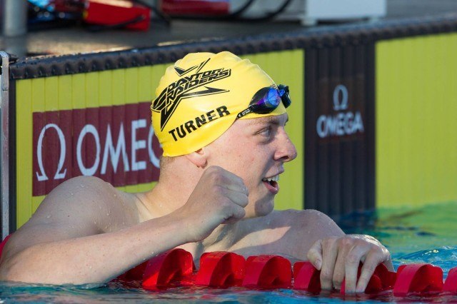 Stanford commit Brock Turner took 3rd in the boys' 400 free with a new lifetime best of 3:53.89. Not a win, but it was still good enough for a fist pump. (Courtesy: Tim Binning/TheSwimPictures.com)