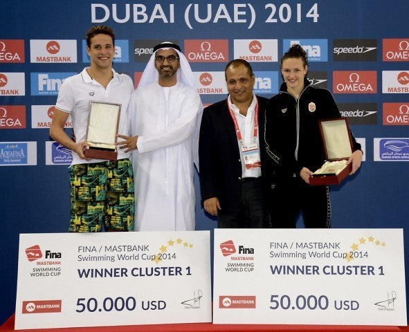 Chad Le Clos, Ahmed Al Falasi- President UAE Swimming Federation; Ayman Saad- Executive Director UAE Swimming Federation; Katinka Hosszu.