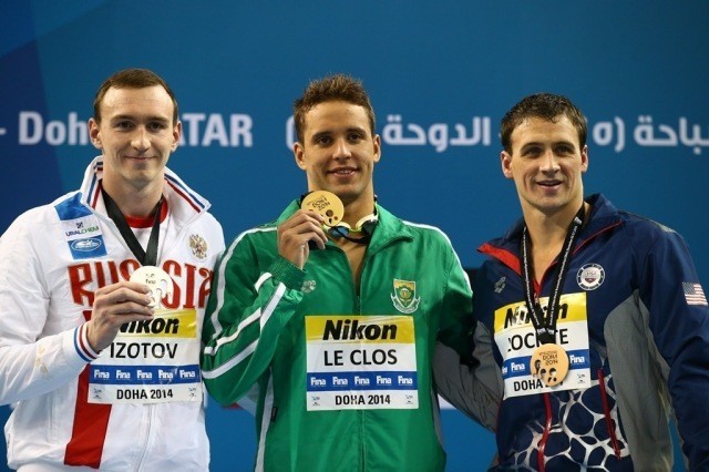 Chad le Clos 200m freestyle win, with Ryan Lochte (right, bronze) and Danila Izotov (left, silver) (courtesy of FINA)