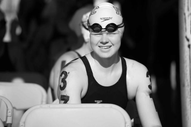 Becca Mann always has a smile to share. Before the 10K at this year's open water nationals she was relaxed in the 'ready room' (photo: Mike Lewis, Ola Vista Photography)