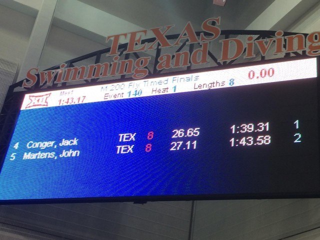 Jack Conger breaks 200 fly American/US Open/NCAA Record in a time trial before the 2015 Big 12 Championships.