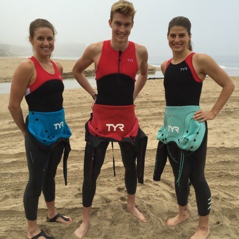 Triathletes Lauren Goss, Lukas Verzbicas and Sarah Groff up bright and early for a beach shoot in the Hurricane wetsuit.