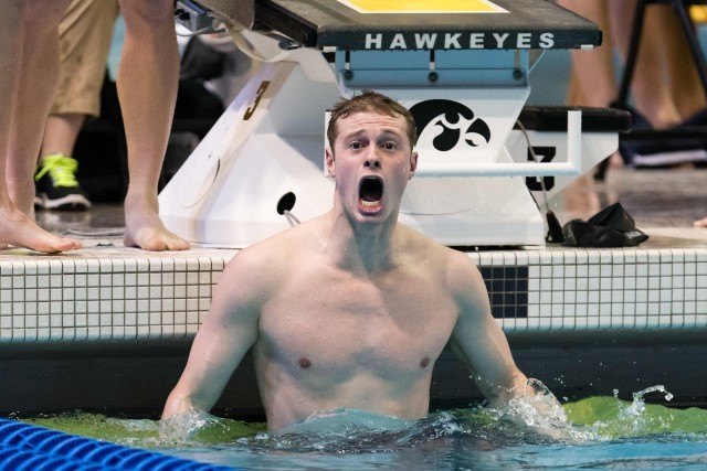 Jack Conger roars after his 40.96 anchor on the 400 medley relay (courtesy of Tim Binning, theswimpictures.com)
