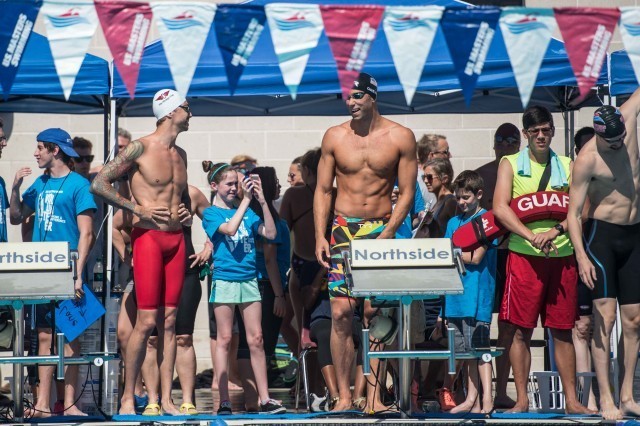 Anthony Ervin and Matt Grevers have a laugh before the 100IM (Photo: Mike Lewis - Courtesy of U.S. Masters Swimming)