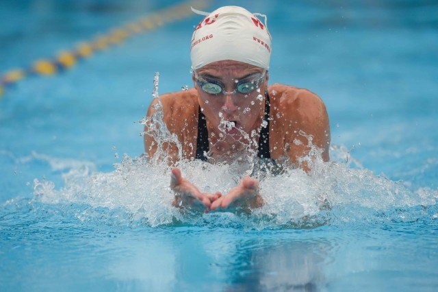 Trina Schaestz of Wisconsin Masters was #1 in the 40-44 women's 100 breast (Photo: Mike Lewis - Courtesy of U.S. Masters Swimming)