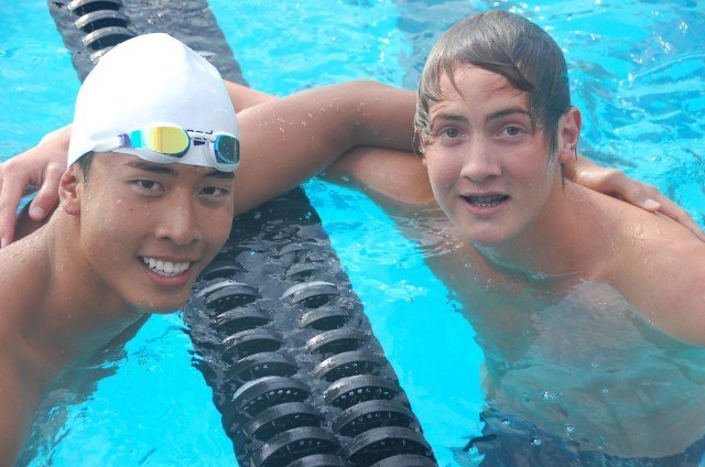 Adrian Hui of Webb and Nathan Ketcheside of Riverside Poly tied to win the 50 free at CIFSS D3. Photo: Anne Lepesant