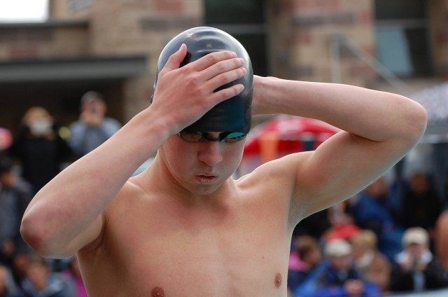 Nathan Ketcheside of Riverside Poly before winning 100 free at CIFSS Division III. Photo: Anne Lepesant