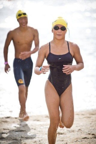 2nd Annual SoCal Cup Open Water Swim 5/17/15, Castaic Lake, CA. Canyons Aquatic swimmer Angie Wu sprints to the finish line following a one mile race.