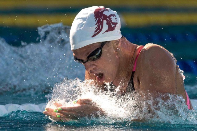 Yulia Efimova wins the 100 breaststroke at the Arena Pro Swim in Santa Clara (photo: Mike Lewis, Ola Vista Photography)