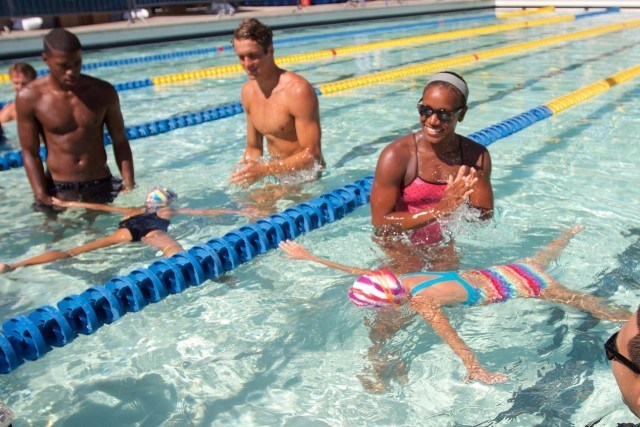 Tom Shields & Jamaican swimmer Alia Atkinson - promote learn to swim (courtesy of Rafael Domeyko, domeykophotography.com)