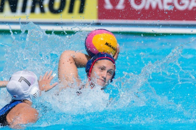 Ashley Grossman of the U.S. women's water polo team adds a goal late in the game as the team takes a 17-2 victory against Japan in the preliminary round at the 2015 FINA World Championships held in Kazan, Russia July 24-August 9, 2015. (courtesy of Tim Binning, theswimpictures.com)