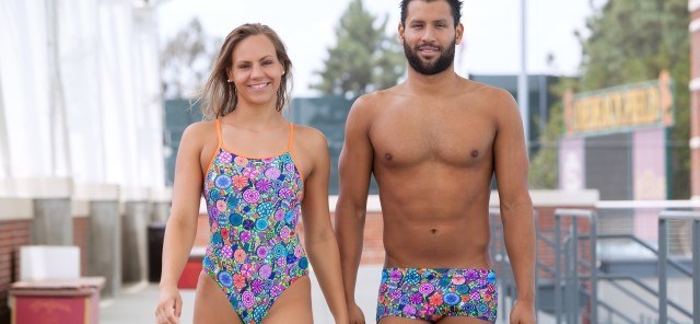 Funky couple Omar Pinzon and Raminta Dvariskyte wearing their latest Funky Trunks and Funkita swimwear. (Courtesy of Funky Trunks)