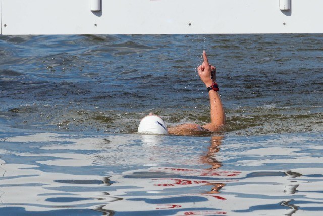 Jordan Wilimovsky of the USA celebrates finishing first in the Men's 10k - 2015 FINA World Championships (courtesy of Tim Binning/TheSwimPictures.com)