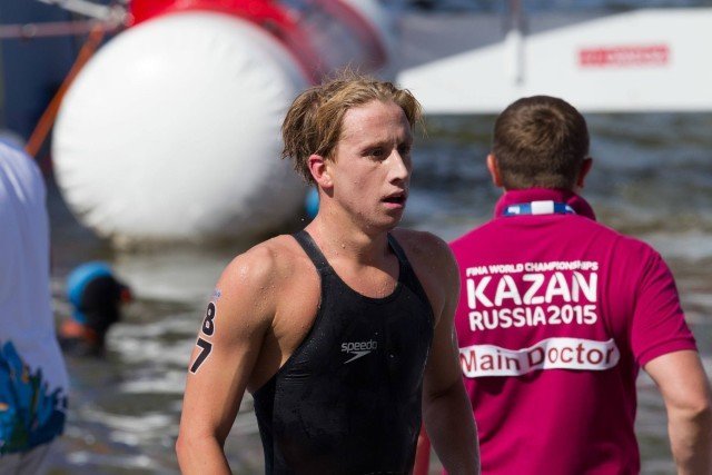 Jordan Wilimovsky of the USA following his first place finish in Men's 10k (courtesy of Tim Binning/TheSwimPictures.com)