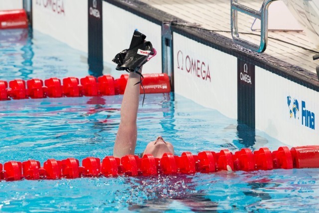 Cammile Adams (USA) cinched the silver medal in the women's 200m butterfly. 2015 World Championships (courtesy of Tim Binning, theswimpictures.com)