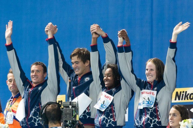 Ryan Lochte, Nathan Adrian, Simone Manuel, and Missy Franklin break the World Record in the mixed 4x100 free relay at 2015 FINA World Championships (courtesy of Tim Binning, theswimpictures.com)