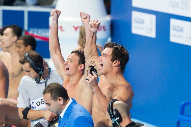 Ryan Lochte, Nathan Adrian, Simone Manuel, and Missy Franklin break the World Record in the mixed 4x100 free relay at 2015 FINA World Championships (courtesy of Tim Binning, theswimpictures.com)