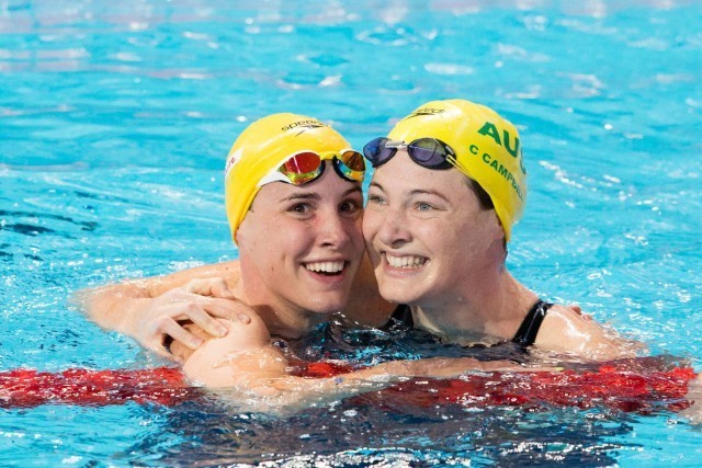 Bronte Campbell (AUS) wins gold and her older sister, Cate Campbell (AUS), bronze, in women's 100m free at 2015 FINA World Championships (courtesy of Tim Binning, theswimpictures.com)