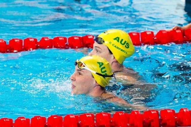 Bronte Campbell (AUS), World Champion in women's 50m freestyle, and her sister, Cate Campbell, who finished 4th. 2015 FINA World Championships (courtesy of Tim Binning, theswimpictures.com)