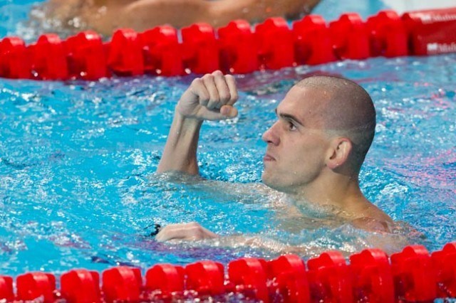 Laszlo Cseh, HUN, wins gold in men's 200m fly, 10 years after his last World Championship title in men's 400 IM. Day 4 of 2015 World Championships (courtesy of Tim Binning, theswimpictures.com)