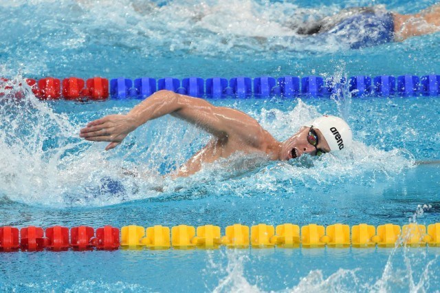 Connor Jaeger in the prelims of the 800 free at the 2015 FINA world championships Kazan Russia (photo: Mike Lewis, Ola Vista Photography)
