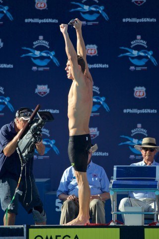 Michael Phelps celebrates at US Nationals after topping Chad Le Clos' World Championships winning time. (courtesy of Rafael Domeyko)