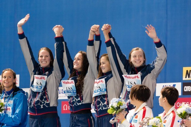 Left to right: Team USA's Missy Franklin, Leah Smith, Katie McLaughlin, and Katie Ledecky, World Champions in the 4x200m freestyle relay. 2015 World Championships (courtesy of Tim Binning, theswimpictures.com)