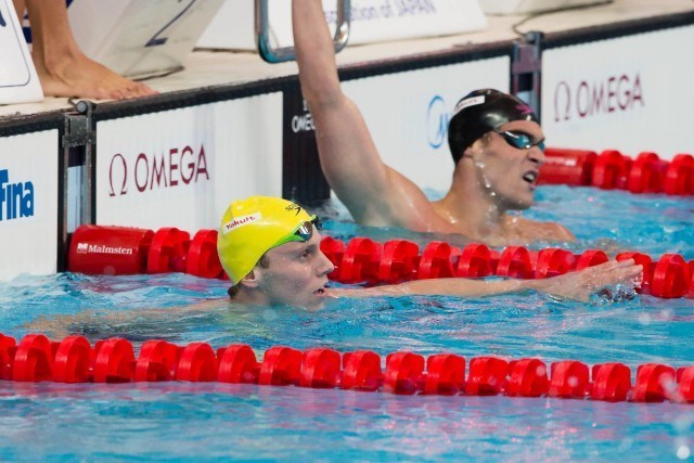 Thomas Fraser-Holmes anchor's the Aussie 4x200m freestyle relay heats, (courtesy of Tim Binning, theswimpictures.com)