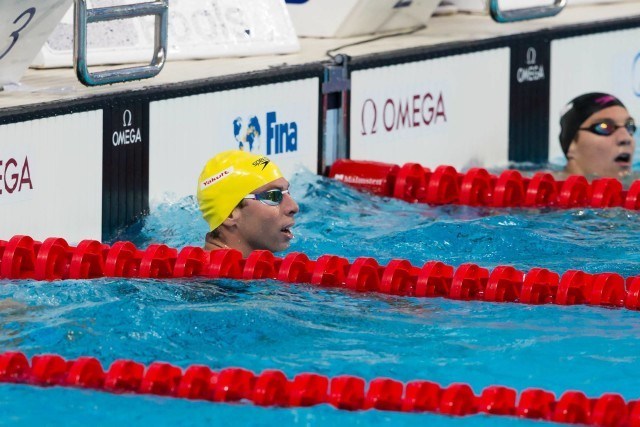 Grant Hackett returns to the world stage by leading off the Aussie team's 4x200m relay in 1:47.83, (courtesy of Tim Binning, theswimpictures.com)