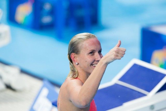 Jessica Hardy (USA) posted 3rd time in semi-finals of women's 50m breast at 2015 FINA World Championships (courtesy of Tim Binning, theswimpictures.com)