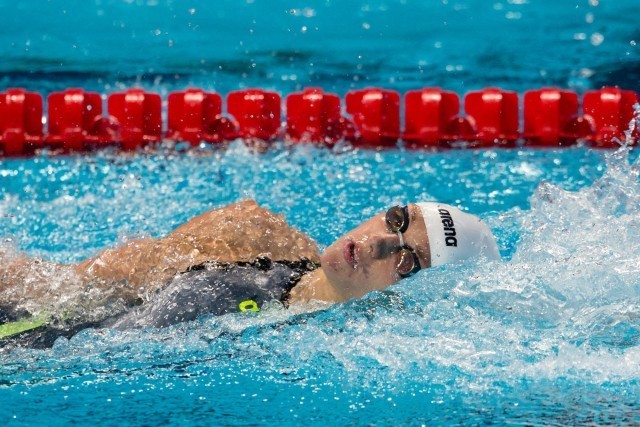 Katinka Hosszu (HUN) posted the top time in semi-finals of women's 200m backstroke at Micah Lawrence (USA), silver medalist in women's 200m breaststroke at 2015 FINA World Championships (courtesy of Tim Binning, theswimpictures.com)