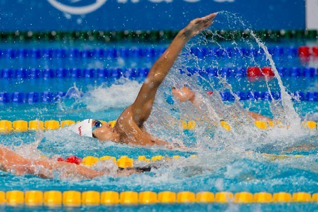 Japan's Ryosuke Irie looking strong in the men's 200m backstroke prelims, (courtesy of Tim Binning, theswimpictures.com)
