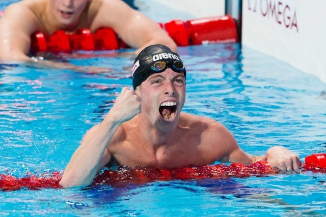 Silver medalist Connor Jaeger (USA) broke the American Record with 14:41.20 in the final of men's 1500m freestyle on Day 8 of 2015 FINA World Championships (courtesy of Tim Binning, theswimpictures.com)
