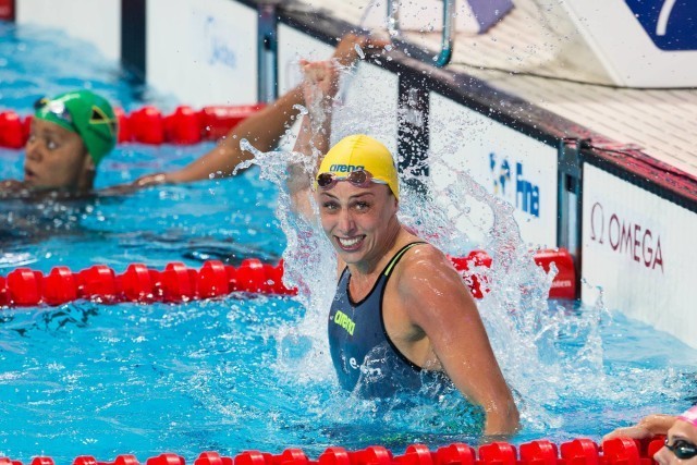 Jennie Johansson (SWE) is World Champion in women's 50m breaststroke on Day 8 of 2015 FINA World Championships (courtesy of Tim Binning, theswimpictures.com)