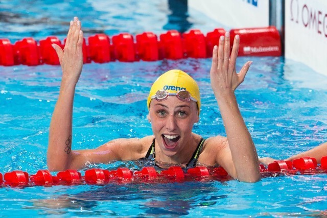 Jennie Johansson (SWE) is World Champion in women's 50m breaststroke on Day 8 of 2015 FINA World Championships (courtesy of Tim Binning, theswimpictures.com)