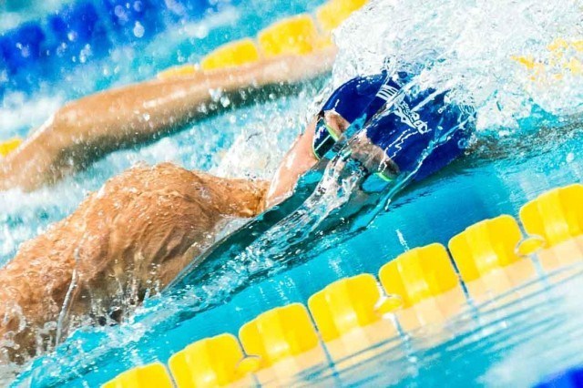 James Guy wins silver medal in the 400 free at at the 2015 FINA world championships Kazan Russia (photo: Mike Lewis, Ola Vista Photography)