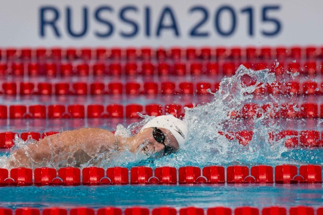 Katie Ledecky in the prelims of the 400 free at at the 2015 FINA world championships Kazan Russia (photo: Mike Lewis, Ola Vista Photography)