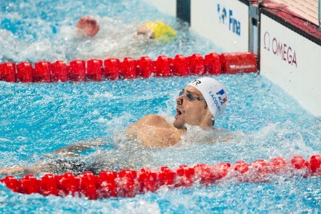 Camille Lacourt (FRA) is top qualifier heading into men's 50m back final. 2015 FINA World Championships (courtesy of Tim Binning, theswimpictures.com)