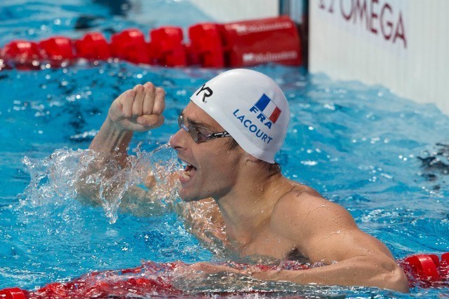 Camille Lacourt (FRA), World Champion in men's 50m backstroke wtih 24.23. Day 8 of 2015 FINA World Championships (courtesy of Tim Binning, theswimpictures.com)