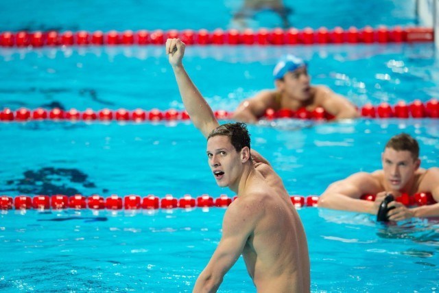 Mitchell Larkin (AUS), World Champion in men's 200m backstroke with 1:53.58 at Micah Lawrence (USA), silver medalist in women's 200m breaststroke at 2015 FINA World Championships (courtesy of Tim Binning, theswimpictures.com)