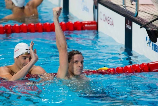 Mitchell Larkin, AUS. Men's 100 backstroke World Champion. Day 3 of 2015 World Championships. (courtesy of Tim Binning, theswimpictures.com)
