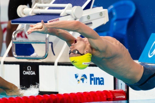 Mitchell Larkin (AUS) led off the Dolphins' 4x100m medley relay that qualified 3rd for the final. 2015 FINA World Championships (courtesy of Tim Binning, theswimpictures.com)