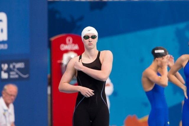 Superstar Katie Ledecky before smashing own WR in 1500m freestyle heats, photo courtesy of Tim Binning theswimpictures.com
