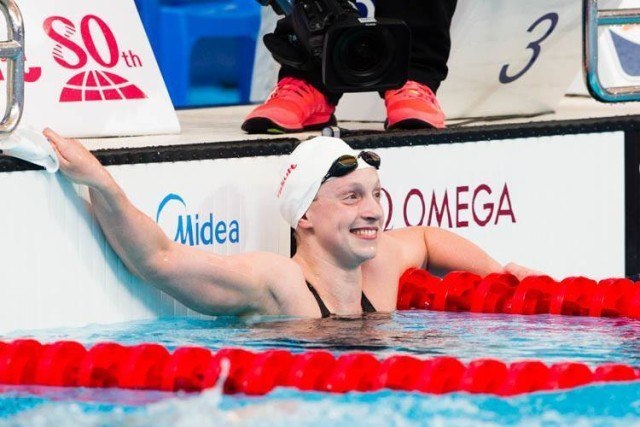 Katie LEDECKY soaking in the new WR time, photos courtesy of Tim Binning theswimpicture.com