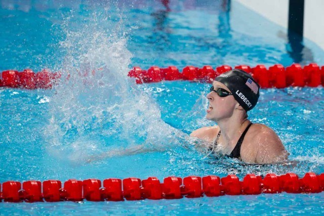 Katie Ledecky, USA, wins women's 1500 freestyle with new World Record of 15:25.48. Day 3 of 2015 World Championships. (courtesy of Tim Binning, theswimpictures.com)