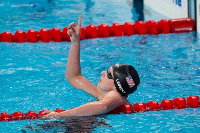 Katie Ledecky, USA, wins women's 1500 freestyle with new World Record of 15:25.48. Day 3 of 2015 World Championships. (courtesy of Tim Binning, theswimpictures.com)