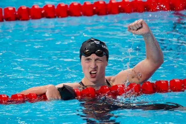 Katie Ledecky, USA, wins women's 1500 freestyle with new World Record of 15:25.48. Day 3 of 2015 World Championships. (courtesy of Tim Binning, theswimpictures.com)